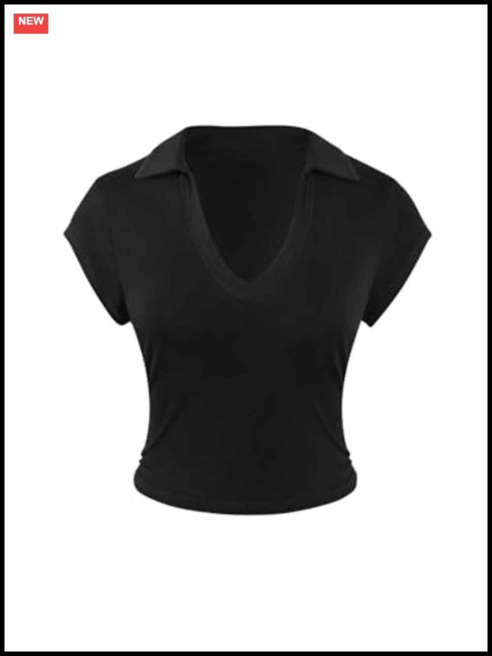 Remidoo Collared V Neck Crop Top Cap Sleeve Fitted T Shirt